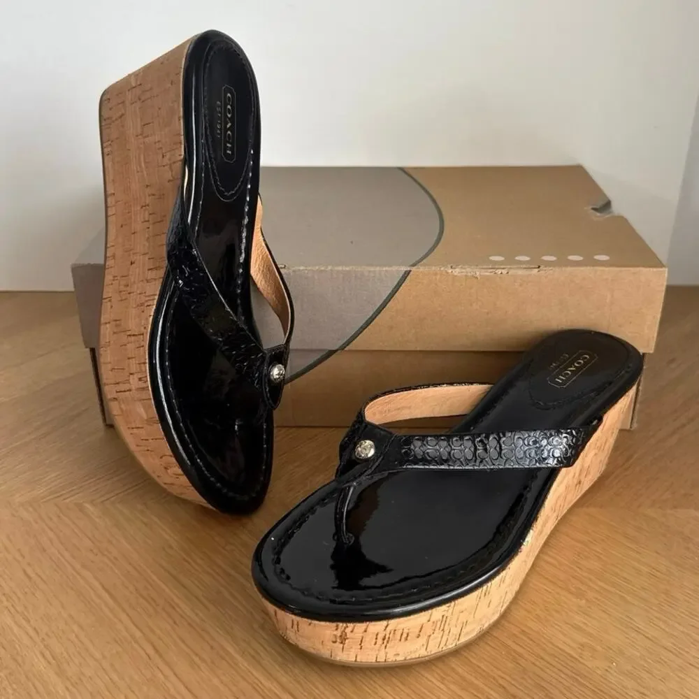 Coach Signature Black Patent Leather Women Wedge Sandals - SZ 8